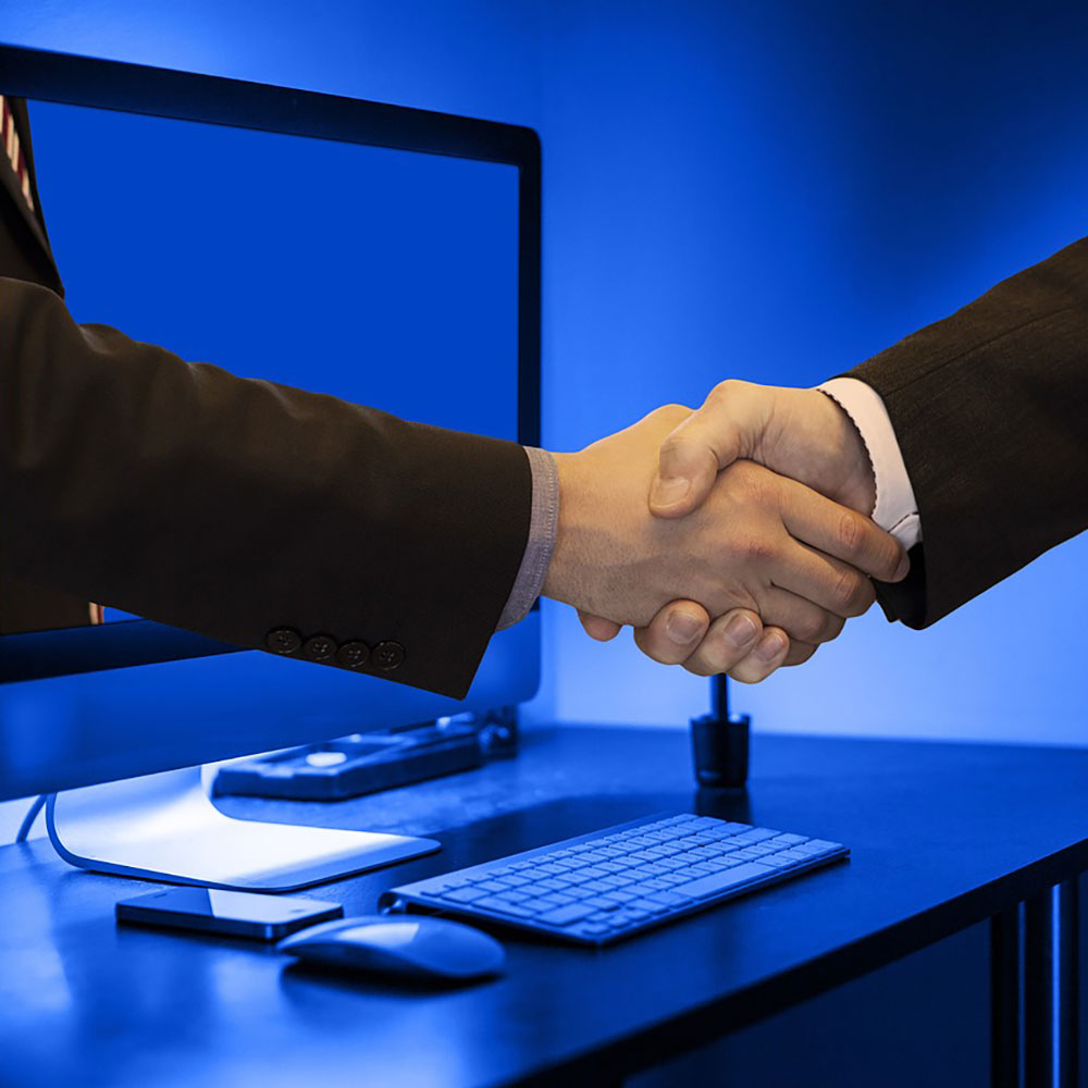 Two people shaking hands in front of a computer